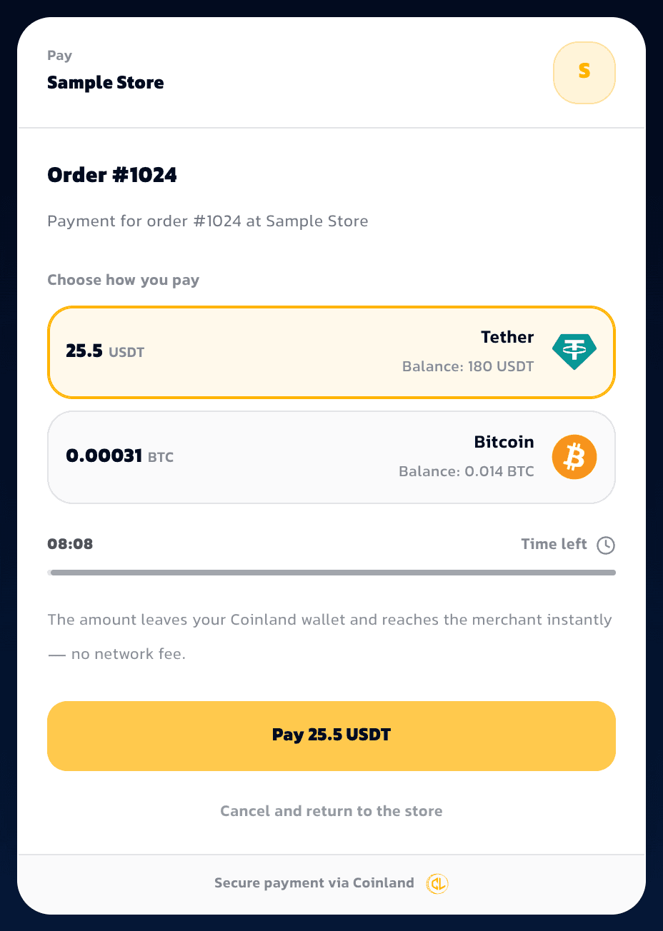 The Coinland Pay checkout page: the merchant name and logo at the top, the order title, a choice between paying 25.5 USDT or 0.000031 BTC with the customer's balance shown under each coin, a payment deadline counting down, and a gold pay button.