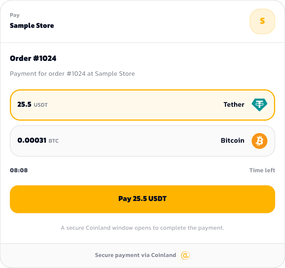 The embedded Coinland Pay card rendered inside a merchant's own page: merchant name, order title, the two coin options with their amounts, the payment deadline, a gold pay button, and a line explaining that a secure Coinland window opens to finish the payment.