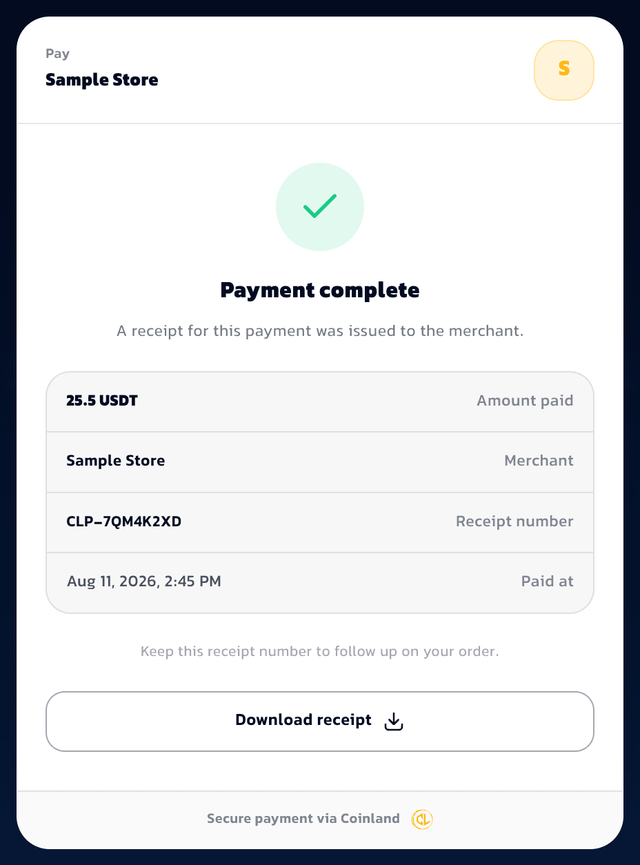 The Coinland Pay confirmation screen: a green check, the heading 'payment completed', and a summary table listing the amount paid, the merchant, the receipt number CLP-7QM4K2XD and the payment time.